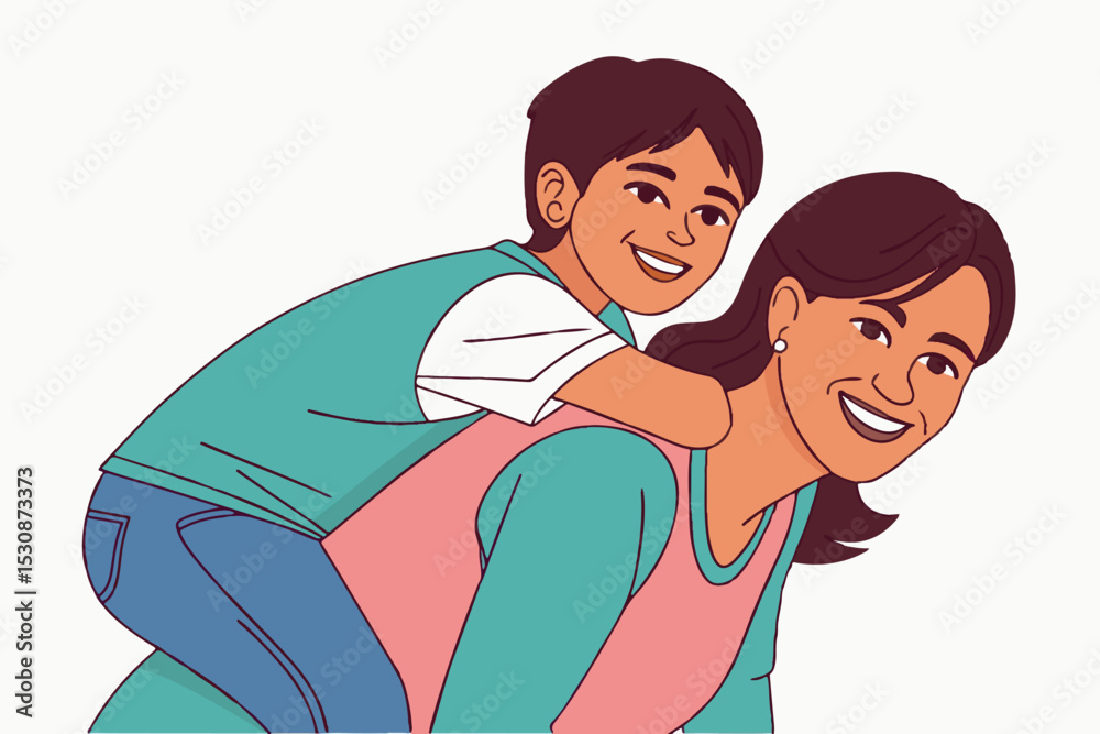 Obraz premium Happy boy piggybacking on his mother
