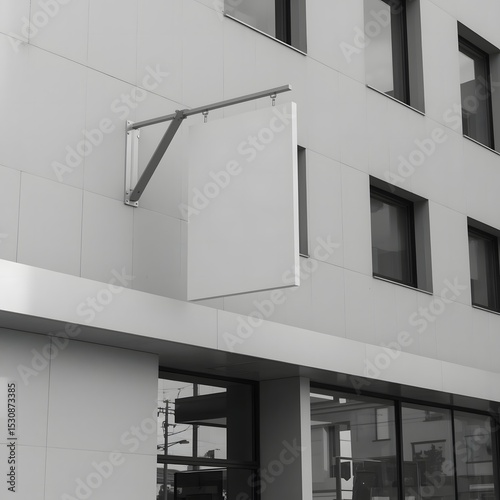 contemporary building exterior with blank sign suspended from metal arm and dramatic light and shadow