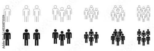 People Group Formation Icon Set. Social Interaction, Community Building, And Teamwork Outline And Silhouette Symbol Collection. Human Figures In Various Group Sizes. Isolated Vector Illustration