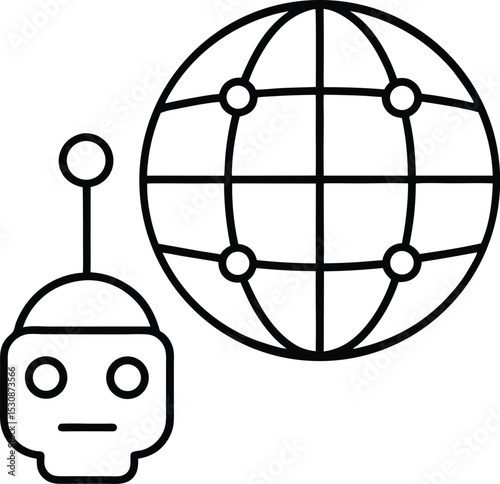 Bot Head Icon Connected to Web Globe Vector Line art illustration