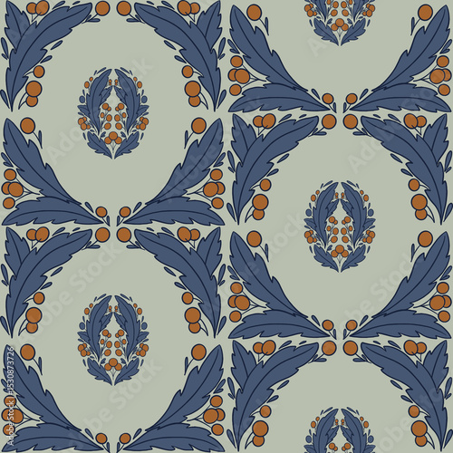 Elegant seamless raster pattern with stylized teal leaves and pink berries. Perfect for sophisticated textiles, stationery, and decorative backgrounds, adding a refined touch to any project