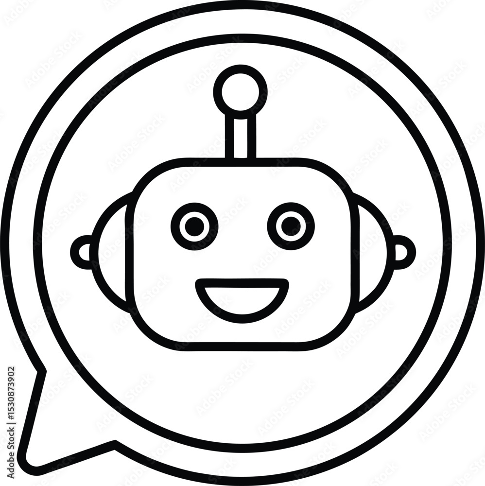 Obraz premium Chatbot Bubble Icon with Bot Face Inside Vector Line art illustration