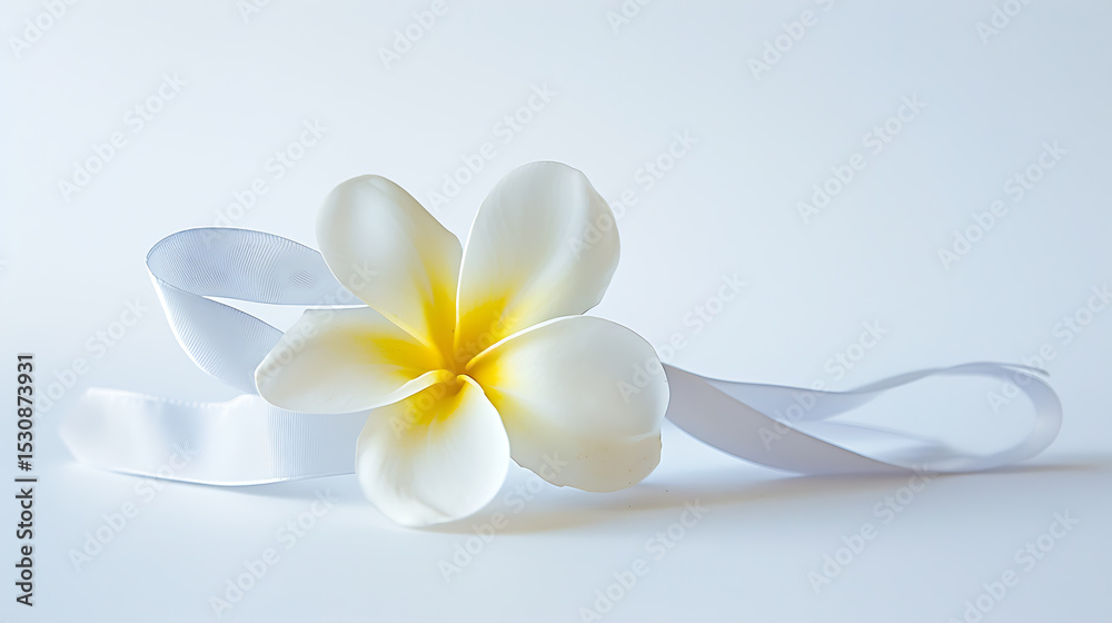 Fototapeta premium White Frangipani with Ribbon on White Background