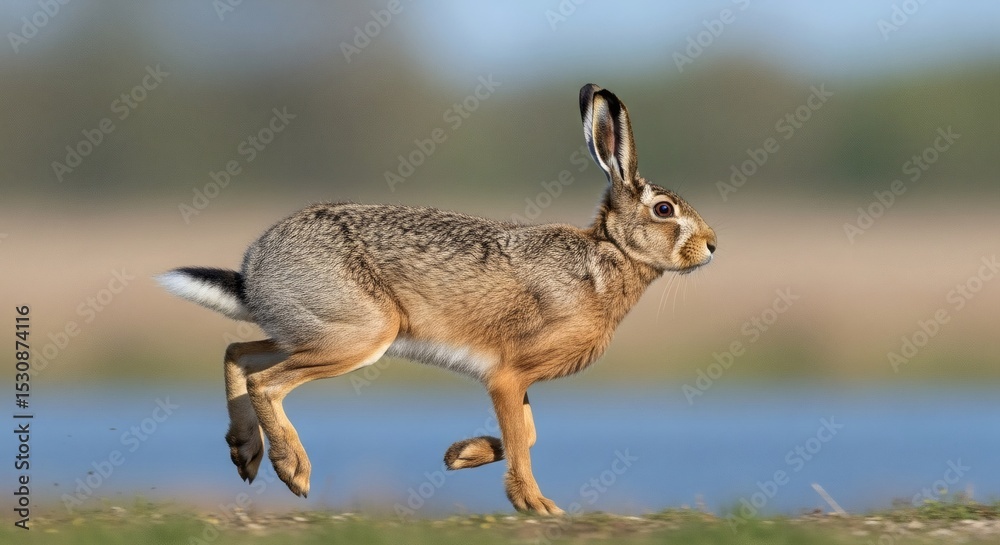 Obraz premium European Hare Running Fast Across Meadow Wildlife.