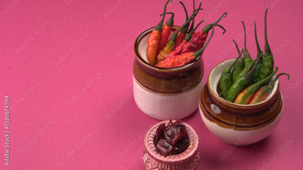 Fresh long Indian green and red chillies on beautiful background. Organic Indian spices for hot and spicy cuisine. Fresh long Indian green and red chillies on beautiful background. Organic Indian spices for hot and spicy cuisine.