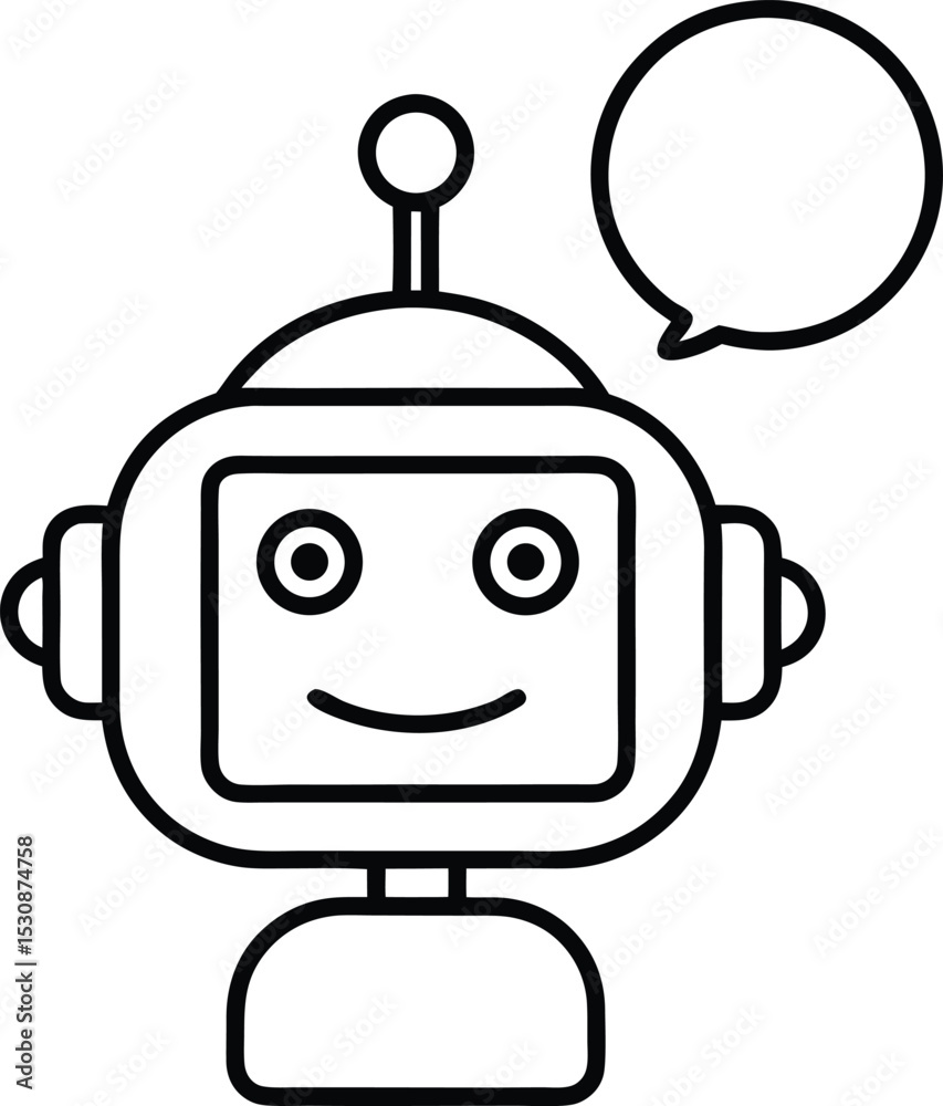 Fototapeta premium Friendly AI Robot Face with Speech Bubble Vector Line art illustration