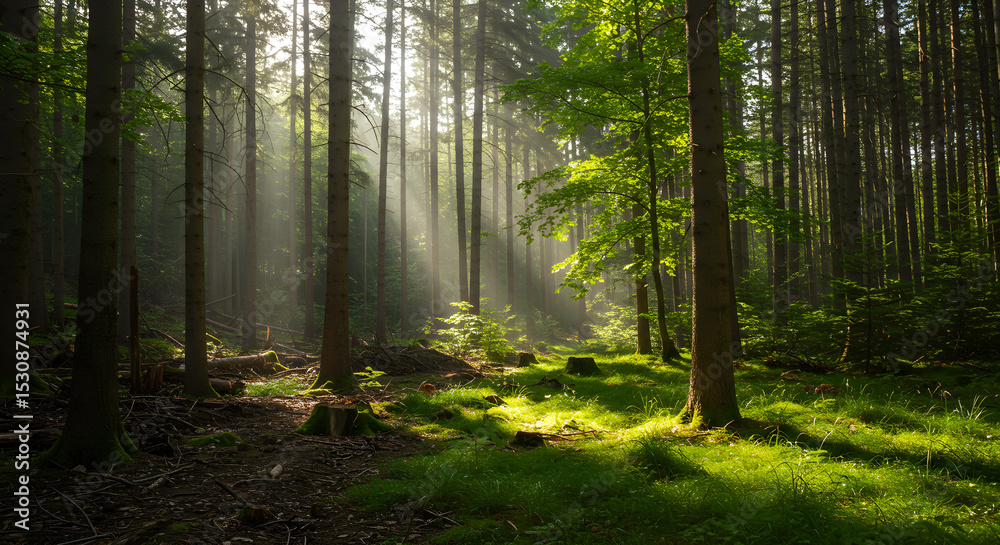 Obraz premium Sunlit Forest Path Through Mystical Morning Mist
