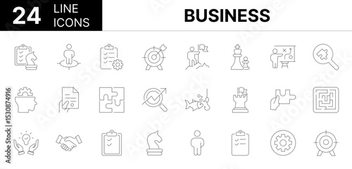 Collection of 24 Business line icons featuring editable strokes. These outline icons depict various modes of Business, strategy, set, line, team, target, plan, outline, goal, puzzle, thin, people, sol