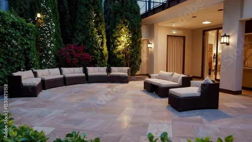 Luxurious Outdoor Patio with Modern Furniture and Elegant Lighting in Evening Ambiance               