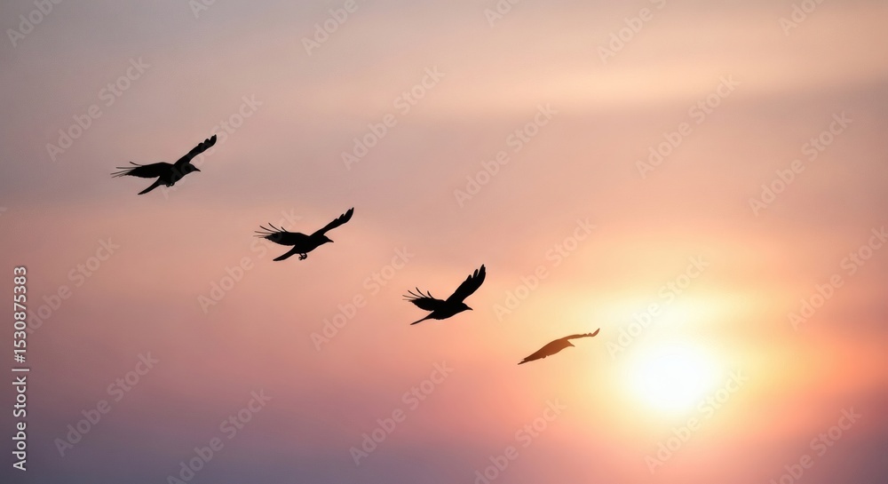 Fototapeta premium Flight into Dawn Birds silhouetted against vibrant sunrise sky.