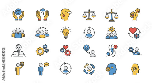 Flat Soft Skills Icons with Collaboration, Time, Mind Balance, Feedback