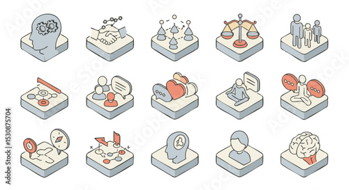 Isometric Soft Skills Icons with Mind Map, Scales, Chat, Empathy