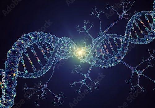 Dna strand with neural network connections and bright glow point