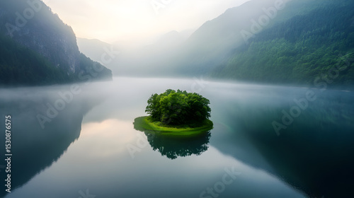 Lake island with trees in a foggy setting
