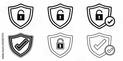 Illustration of security shields with open padlock and check mark in black and white security icons set design vector