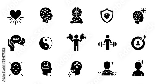 Glyph Soft Skills Icons with Heart, Brain, Meditation, Teamwork