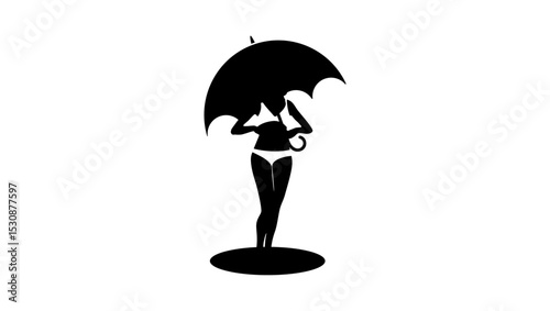 Woman in bikini under umbrella on sunny day, black isolated silhouette