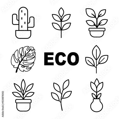 Set of linear plant icons - collection of minimal botanical outlines. Vector illustration