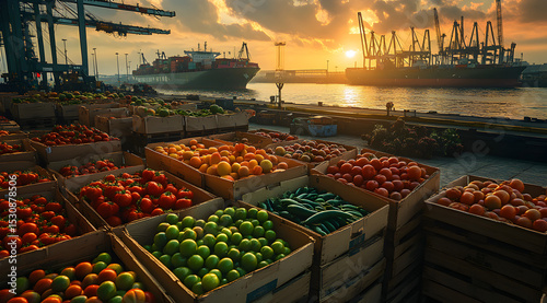 Port scene with fresh market produce boxes