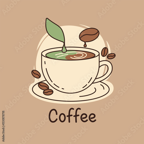 Hand-drawn illustration of a coffee cup with a green leaf, floating bean, and scattered coffee beans, perfect for cafes and drink menus.