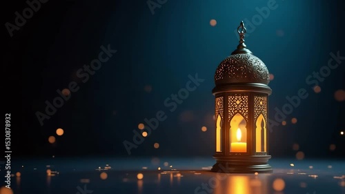 Ornate lantern with a glowing candle sits amidst softly flickering lights against a dark blue background. Islamic celebration background