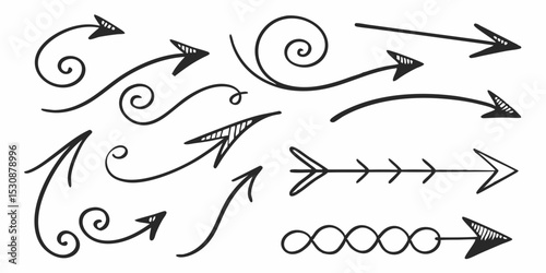 Collection of hand drawn style black arrows with various shapes and directions pointing in different ways design vector