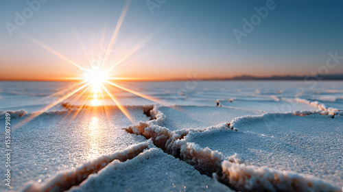 Stunning sunrise over cracked salt flats, illuminating the landscape with warm golden light and creating a serene atmosphere for nature lovers. Selective focus