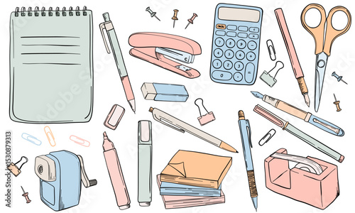 School and Office Supplies Collection. Back to School Stationery Kit. Color Line Vector Illustrations. 