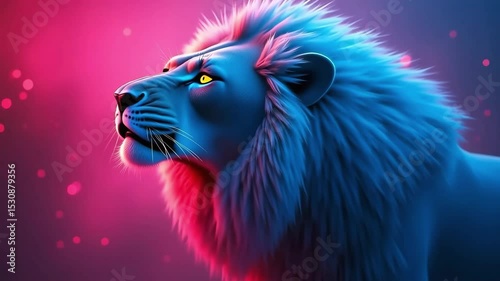 Lion roars then calms in neon pink and blue lighting