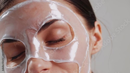 Young Caucasian Female Applying Hydrating Facial Sheet Mask for Skincare Routine                     