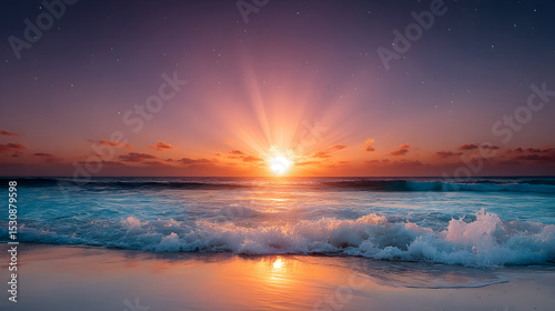 Vibrant sunset over tranquil ocean waves, with golden rays illuminating the horizon and creating a serene atmosphere at the beach. Selective focus