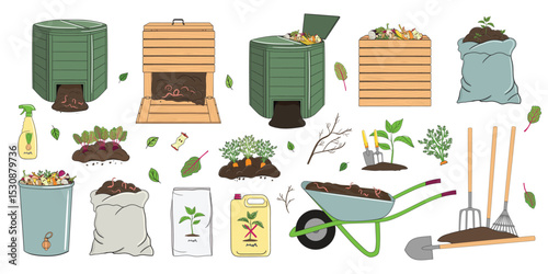 Set of gardening equipment and tools, organic waste, fertilizers, wood and plastic composters. Farming and agriculture. Hand drawn vector illustration