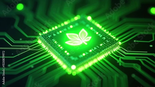 Green glowing chip with leaf symbol shows technology and nature connection future environmental conservation or sustainable innovation concept.