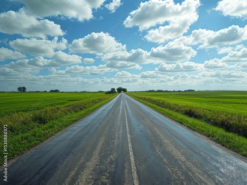 Fototapeta premium Straight Rural Road Through Green Fields Under Blue Sky with Clouds