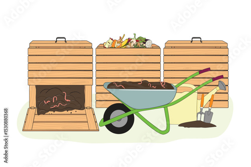 Illustration of compost bin and gardening tools. Recycling organic waste. Sustainable agriculture concept. Hand drawn vector illustration