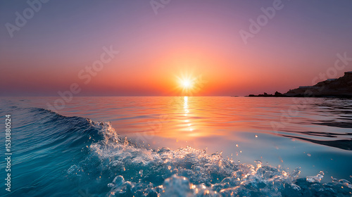 Serene ocean waves gently lap against the shore at sunset, with vibrant colors reflecting on the water, creating a tranquil and peaceful atmosphere. Selective focus