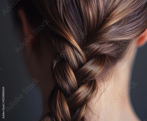 Beautiful female. Long brown hair braided in a hairstyle with a braid.