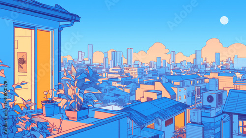 ネオンカラーのモダンシティ夜景イラスト、高速道路架橋と都市スカイライン、満月と煌めく水面リフレクション、レトロポップ＆都会感を抽象化したビジュアルアート風背景素材