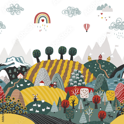 Cute seamless border pattern with doodle hand drawn Scandinavian mountains and fields landscape. Creative children texture. Modern cartoon style vector illustration