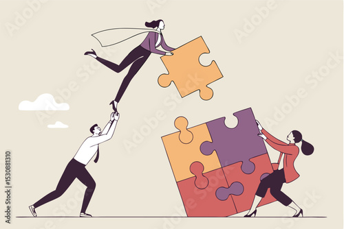 Teamwork and collaboration completing the puzzle together