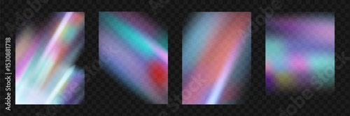 Crystal prism light flare background,transparent rainbow overlay with diamond neon glare effect and iridescent blur.