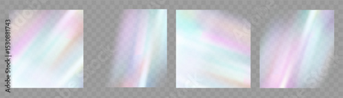 Crystal prism light flare background,transparent rainbow overlay with diamond neon glare effect and iridescent blur.