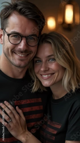 A couple shares a joyful moment while wearing matching American flag t-shirts, celebrating their love and patriotism