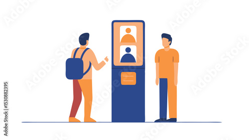Two people standing near a kiosk with face icons displayed on the screen and a backpack on the left
