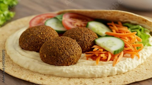 Falafel Delight: An appetizing falafel wrap filled with fresh cucumber, carrot, and tomato, on pita bread spread with hummus