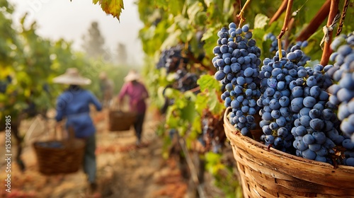 Grape Harvest with Basket in Vineyard