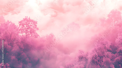 Pink dreamy tree landscape with clouds