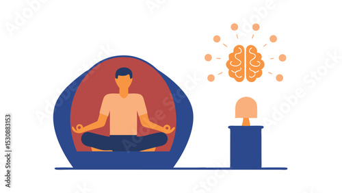 Man meditating in lotus position with brain symbol and lamp on a table illustration art