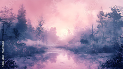 Pink landscape with river and trees in mist