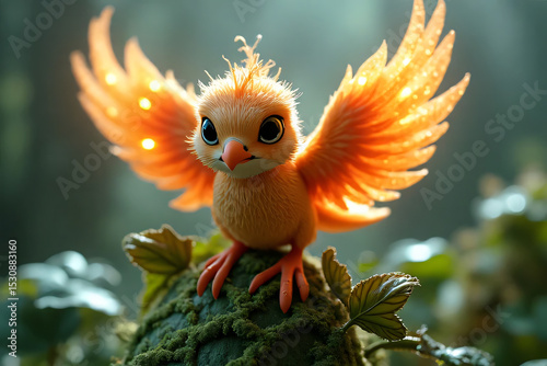 A cute cartoon owl perches on a branch in a garden with yellow flowers, a funny character in nature's wild design